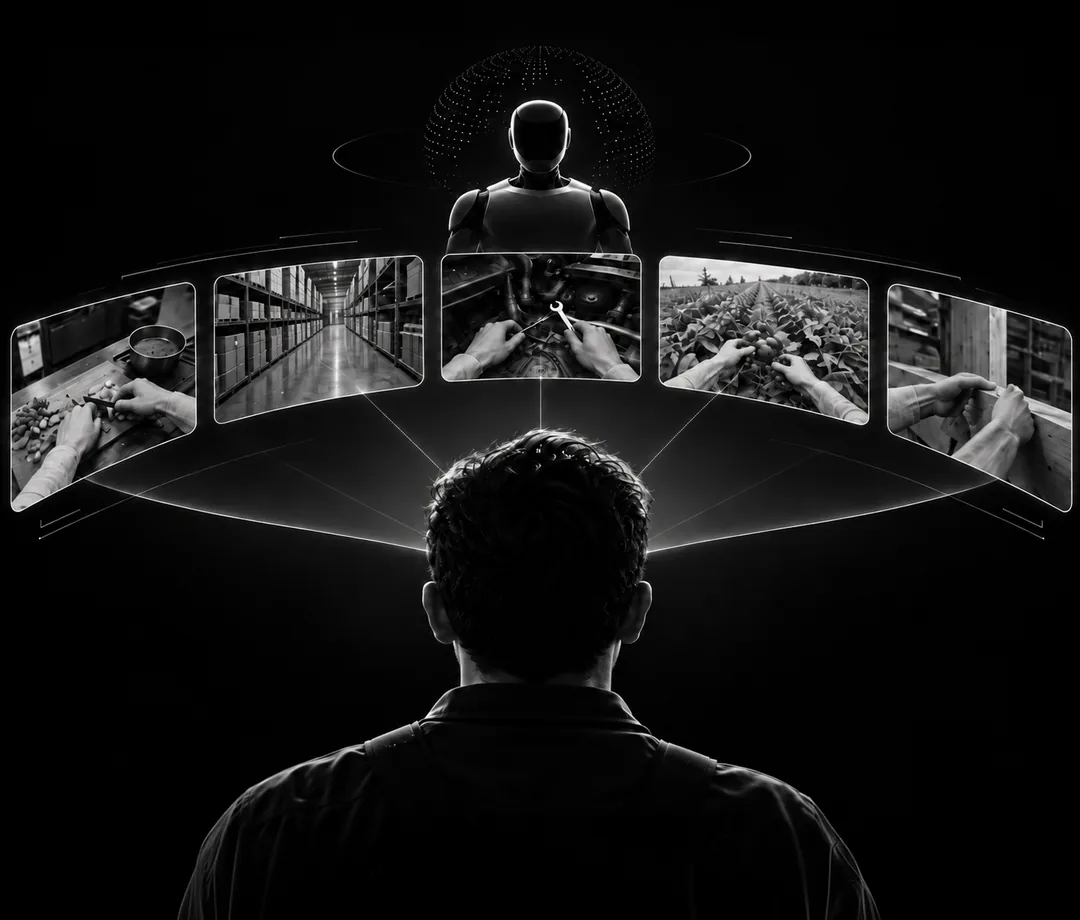 Person wearing a head-mounted camera with first-person task recordings